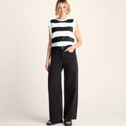 Aurelia Womens 100% Cotton Supersoft Boxy Fit Vest - Washed Black Stripe