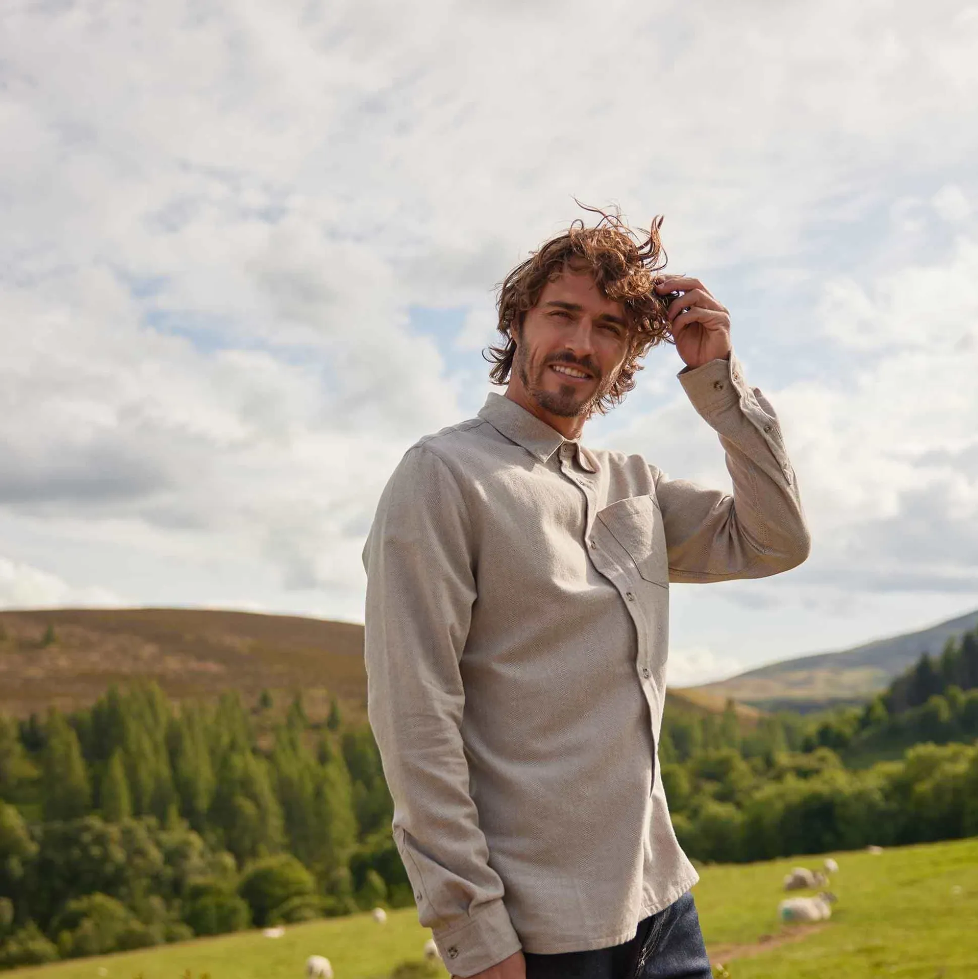 Draper Mens Long Sleeve Cotton Herringbone Shirt - Hazelnut