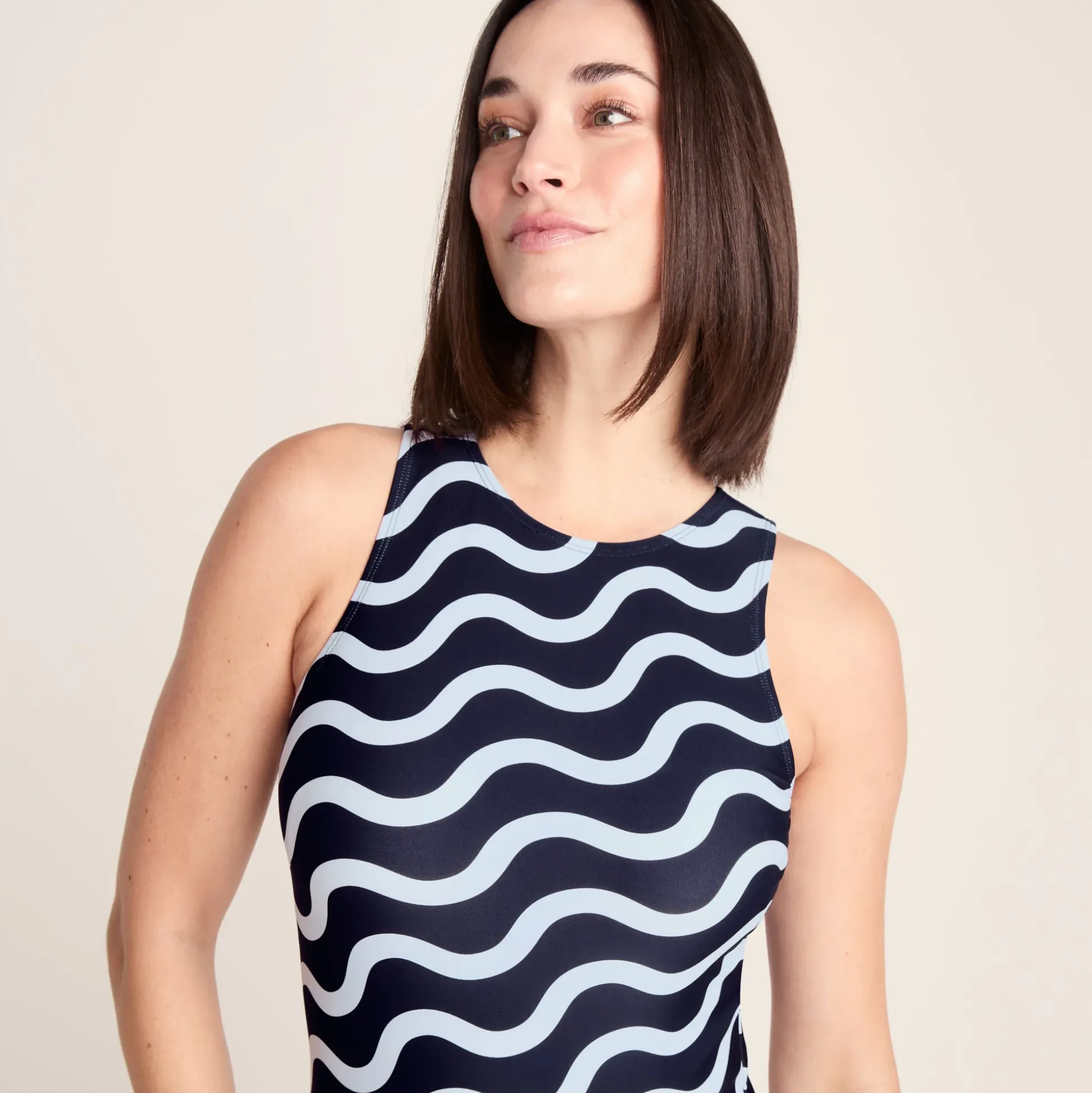 Elaini Womens One Piece Swimsuit - Oxford Blue Wave Print
