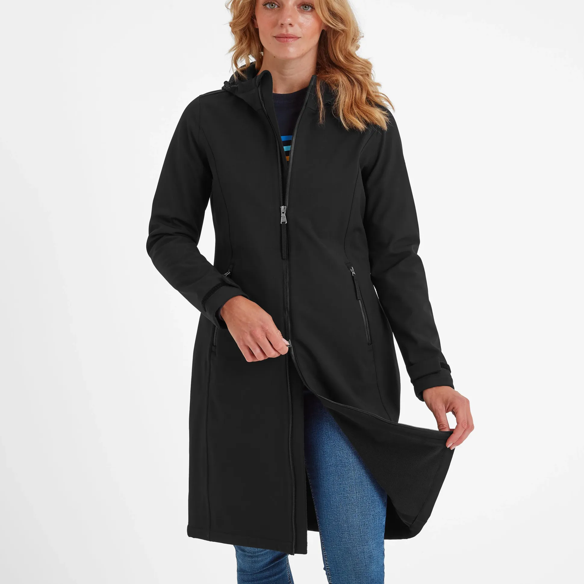 Enya Womens Longline Shower Resistant Softshell Jacket - Black