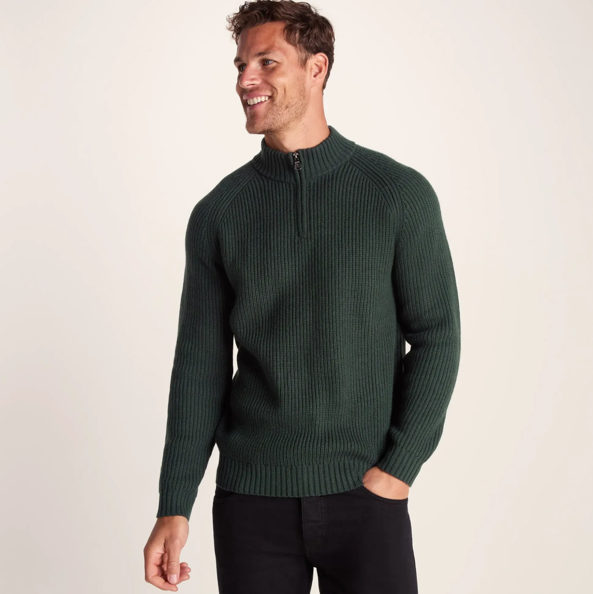 Glen Mens Chunky Knitted Zip Neck Jumper - Racing Green