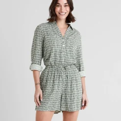 Kadina Womens Long Sleeve Shirt - Green Dash Print