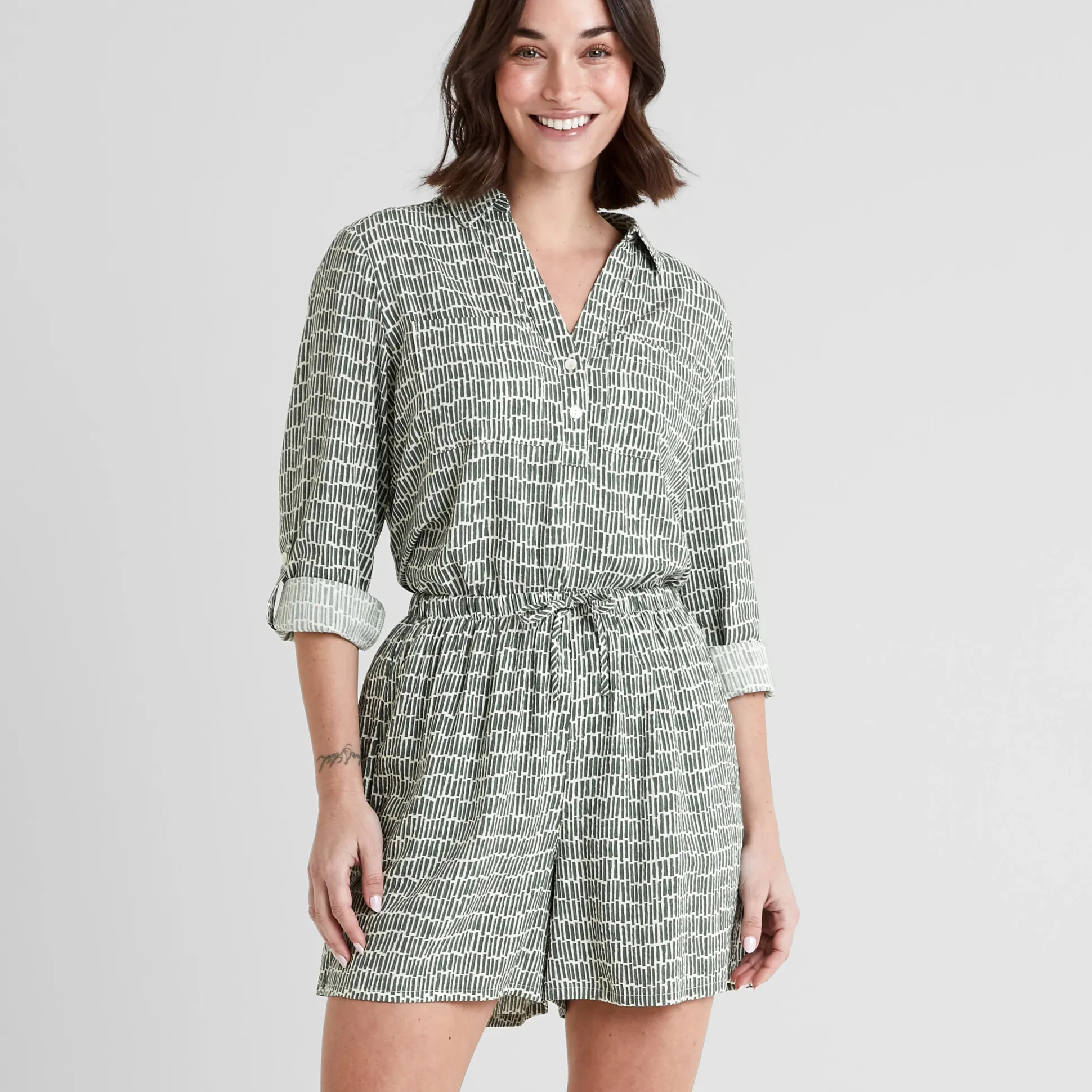 Kadina Womens Long Sleeve Shirt - Green Dash Print