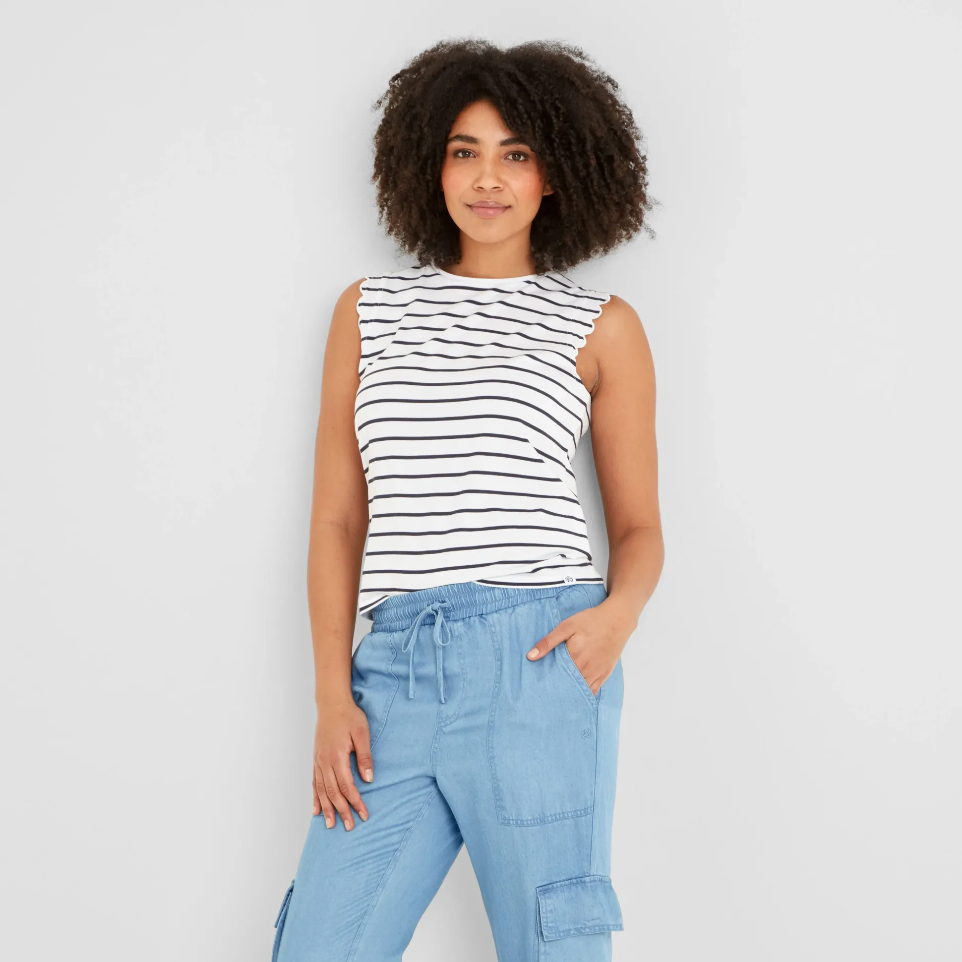 Katie Womens 100% Cotton Supersoft Vest - Optic White/Dk Indigo