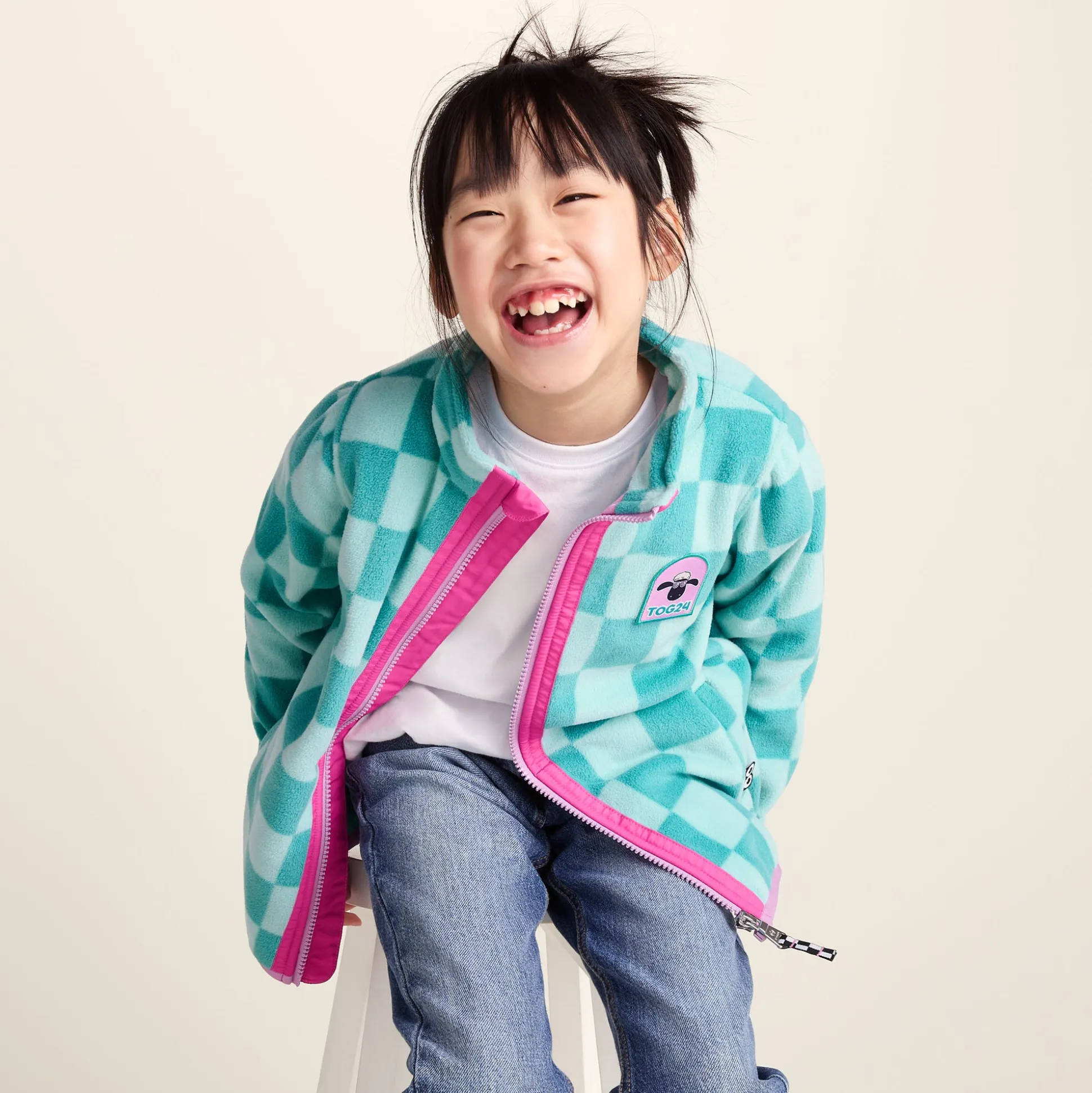 Lacaune Kids Shaun the Sheep Fleece Zip Jacket - Spearmint/Bubblegum Checkerboard