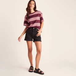 Lani Womens 100% Cotton Supersoft Boxy Fit T-Shirt - Black Raspberry Stripe