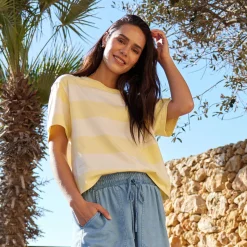 Lani Womens 100% Cotton Supersoft Boxy Fit T-Shirt - Butter Yellow Stripe