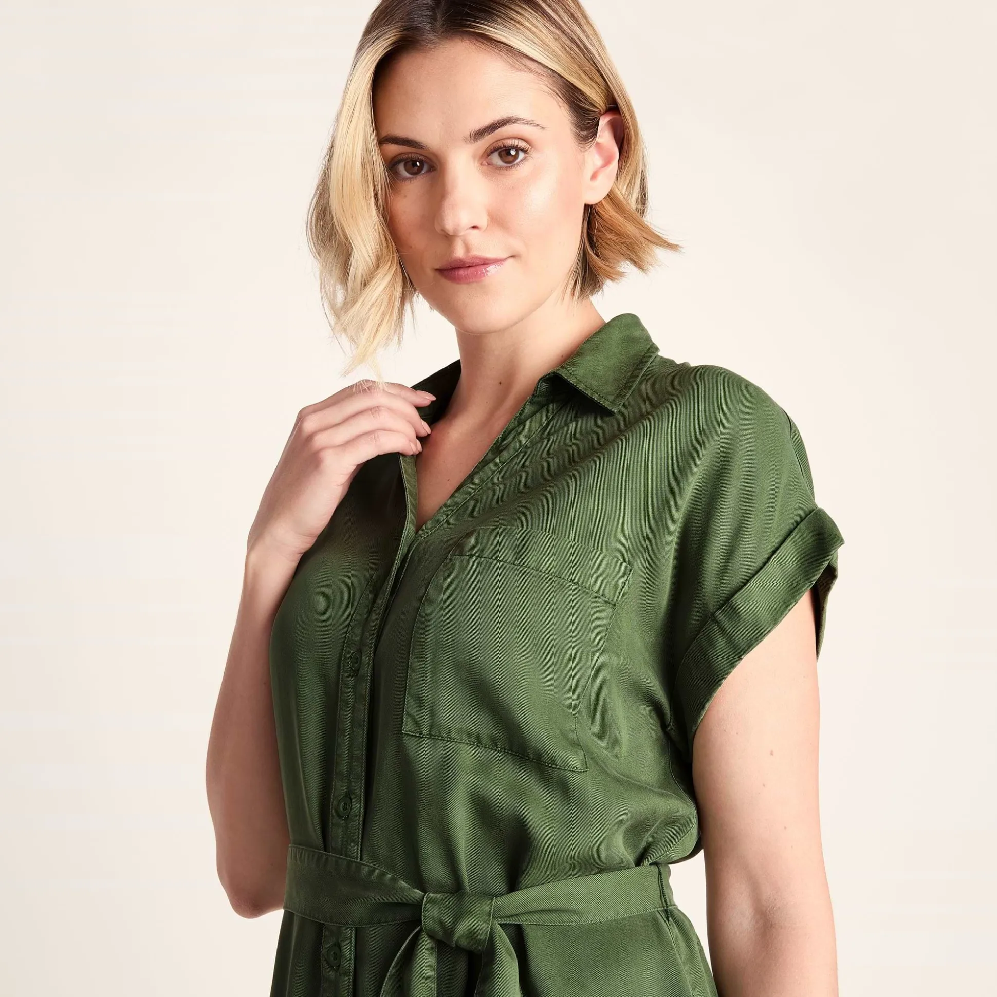 Lenira Womens Relaxed Fit Luxurious Tencel Lyocell Shirt Dress - Dark Matcha