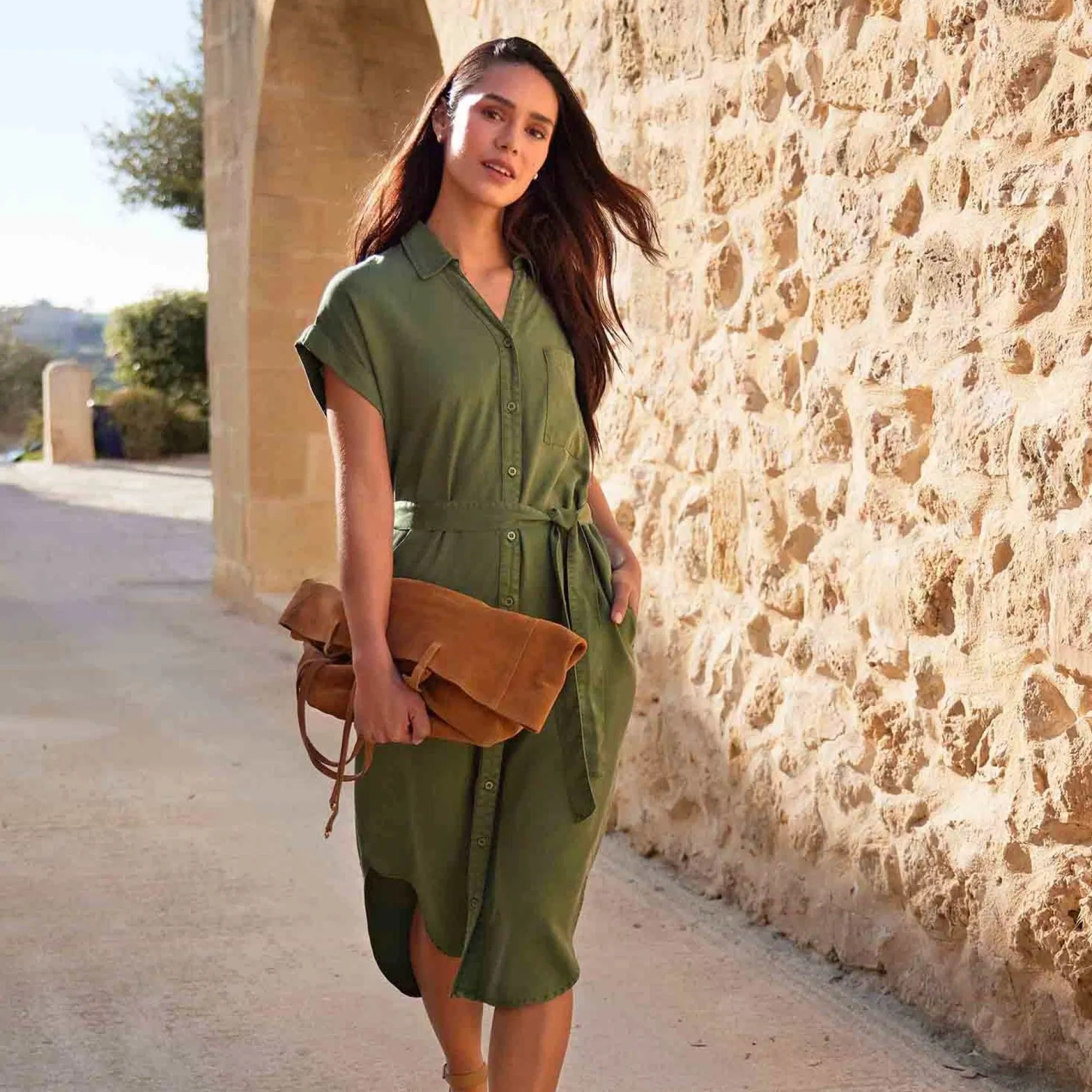 Lenira Womens Relaxed Fit Luxurious Tencel Lyocell Shirt Dress - Dark Matcha