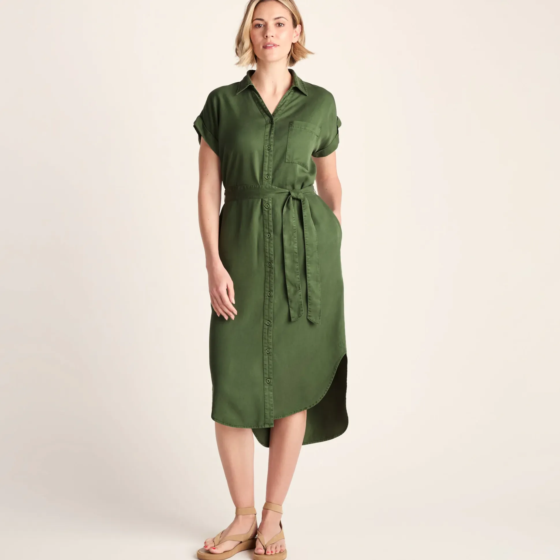 Lenira Womens Relaxed Fit Luxurious Tencel Lyocell Shirt Dress - Dark Matcha