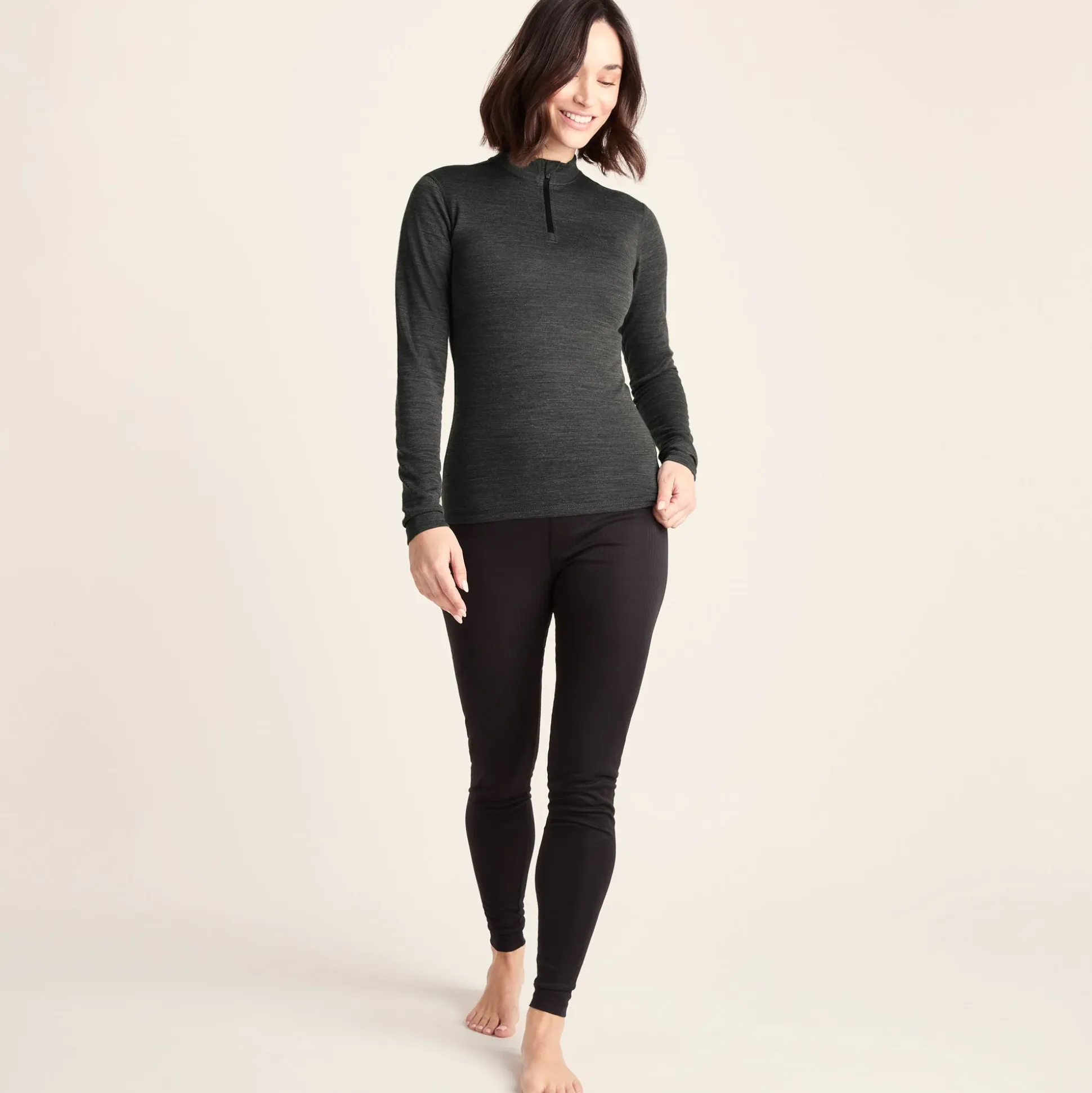 Nevis Womens Merino Base Layer Zip Neck - Grey Marl