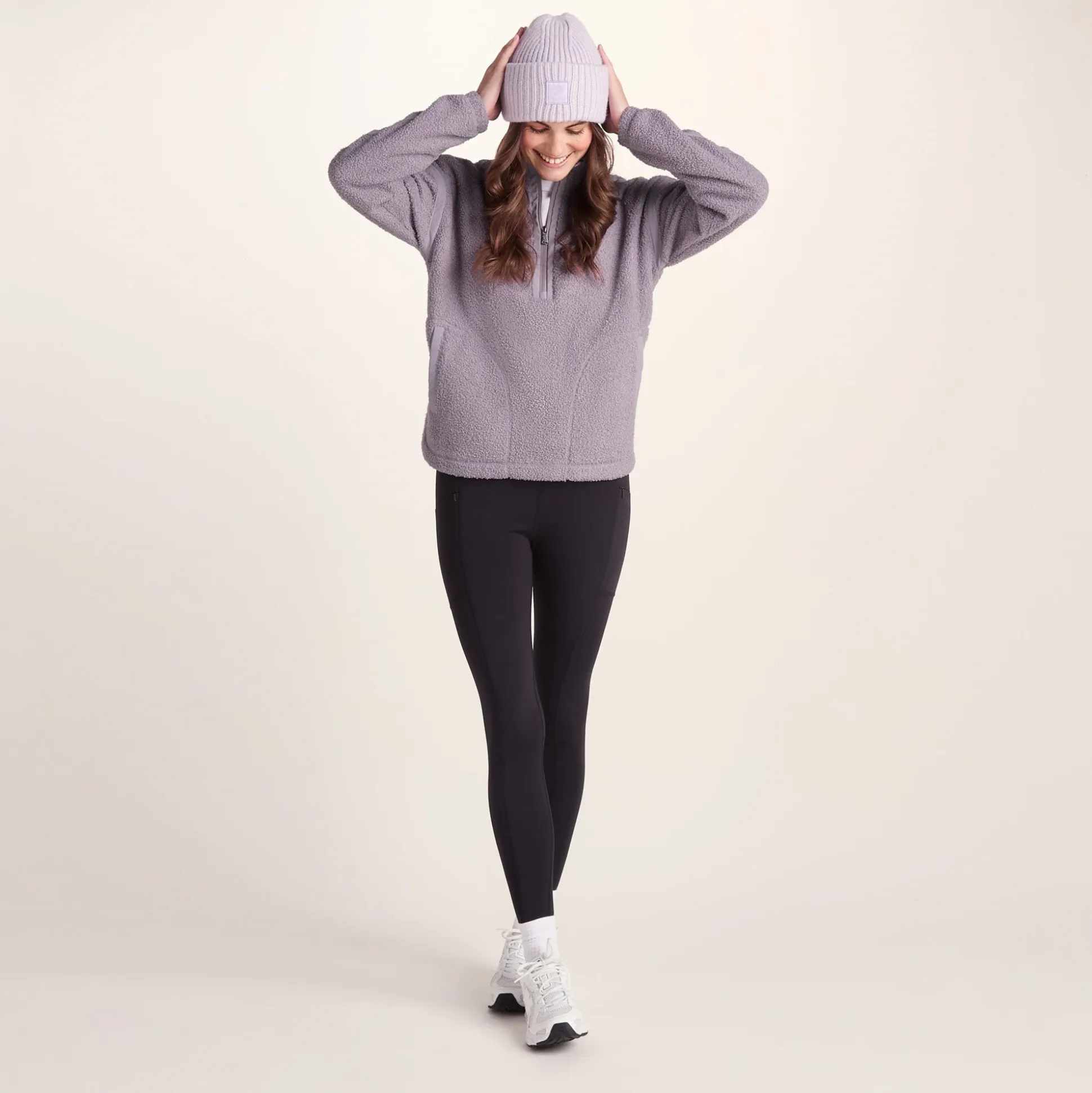 Priya Womens Relaxed Fit Sherpa Fleece Zip Neck - Lavender Grey