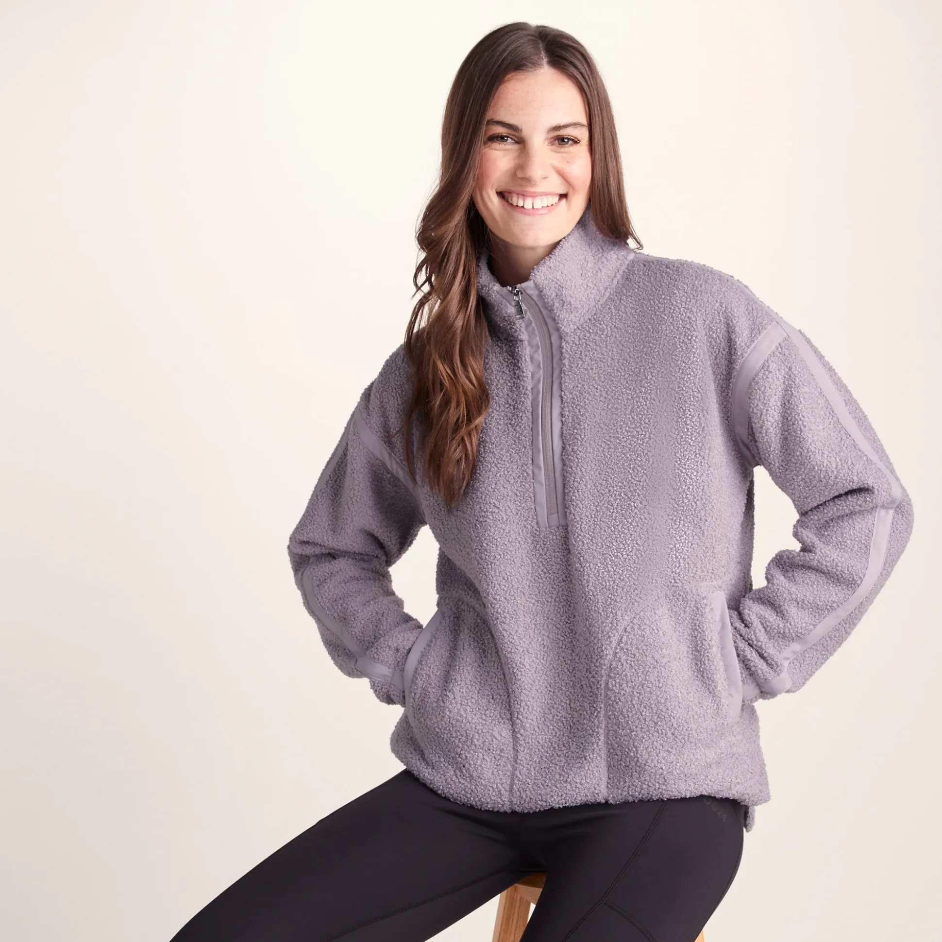 Priya Womens Relaxed Fit Sherpa Fleece Zip Neck - Lavender Grey
