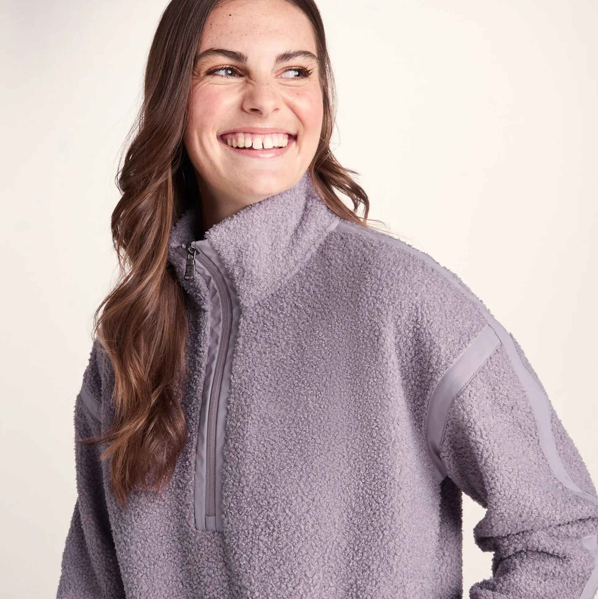 Priya Womens Relaxed Fit Sherpa Fleece Zip Neck - Lavender Grey