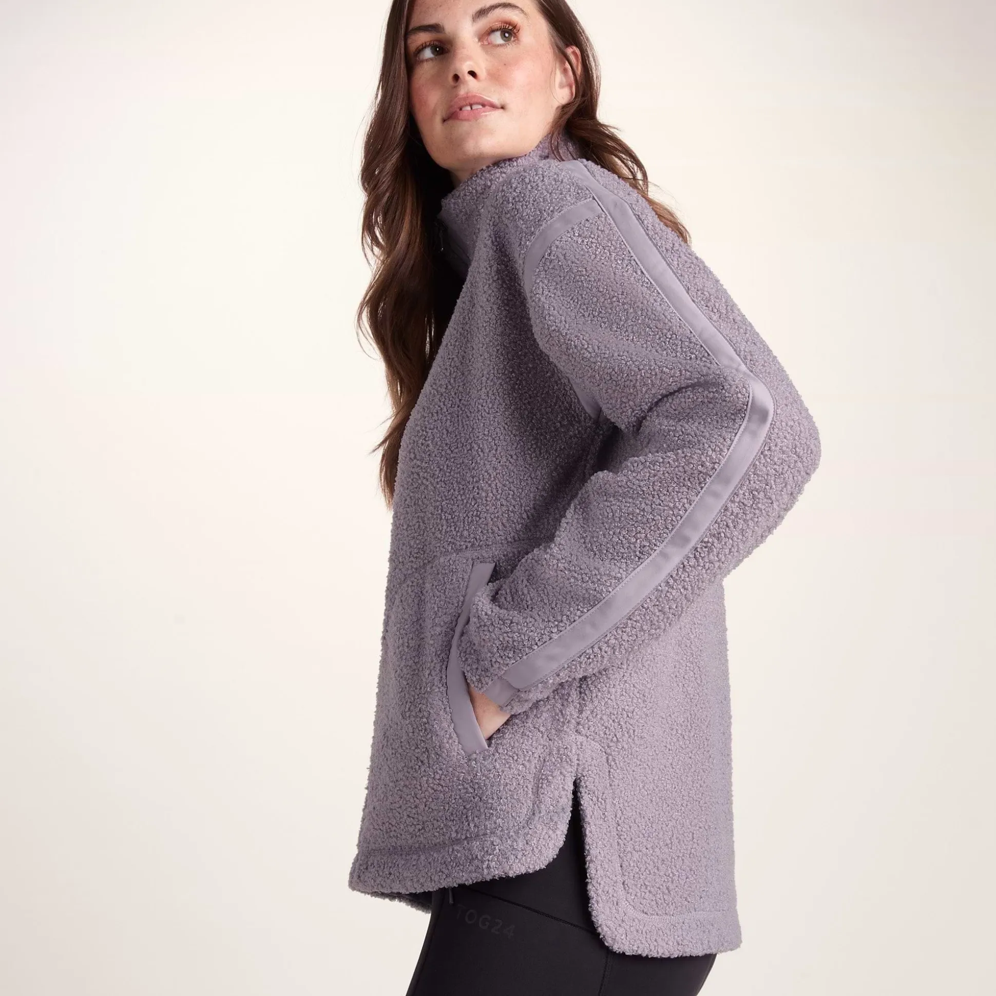 Priya Womens Relaxed Fit Sherpa Fleece Zip Neck - Lavender Grey