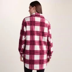 Sally Womens Sherpa Fleece Shacket - Burgundy Check