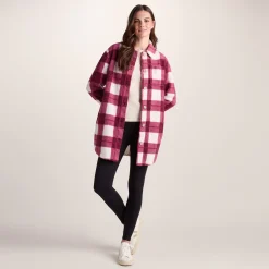Sally Womens Sherpa Fleece Shacket - Burgundy Check