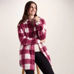 Sally Womens Sherpa Fleece Shacket - Burgundy Check