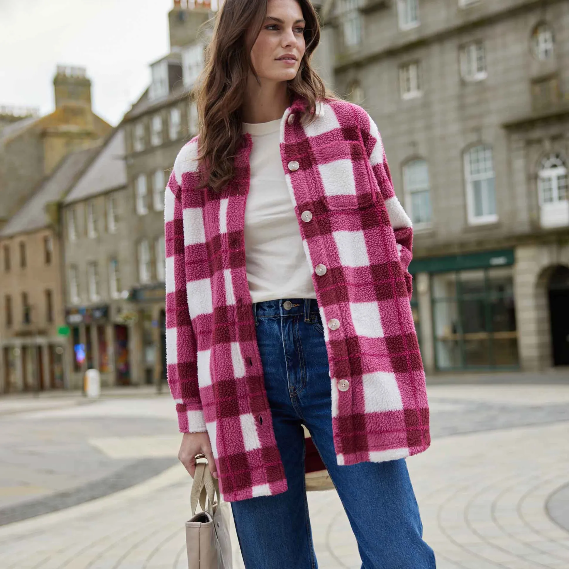 Sally Womens Sherpa Fleece Shacket - Burgundy Check