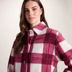 Sally Womens Sherpa Fleece Shacket - Burgundy Check
