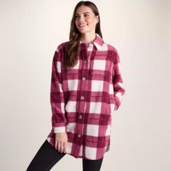 Sally Womens Sherpa Fleece Shacket - Burgundy Check