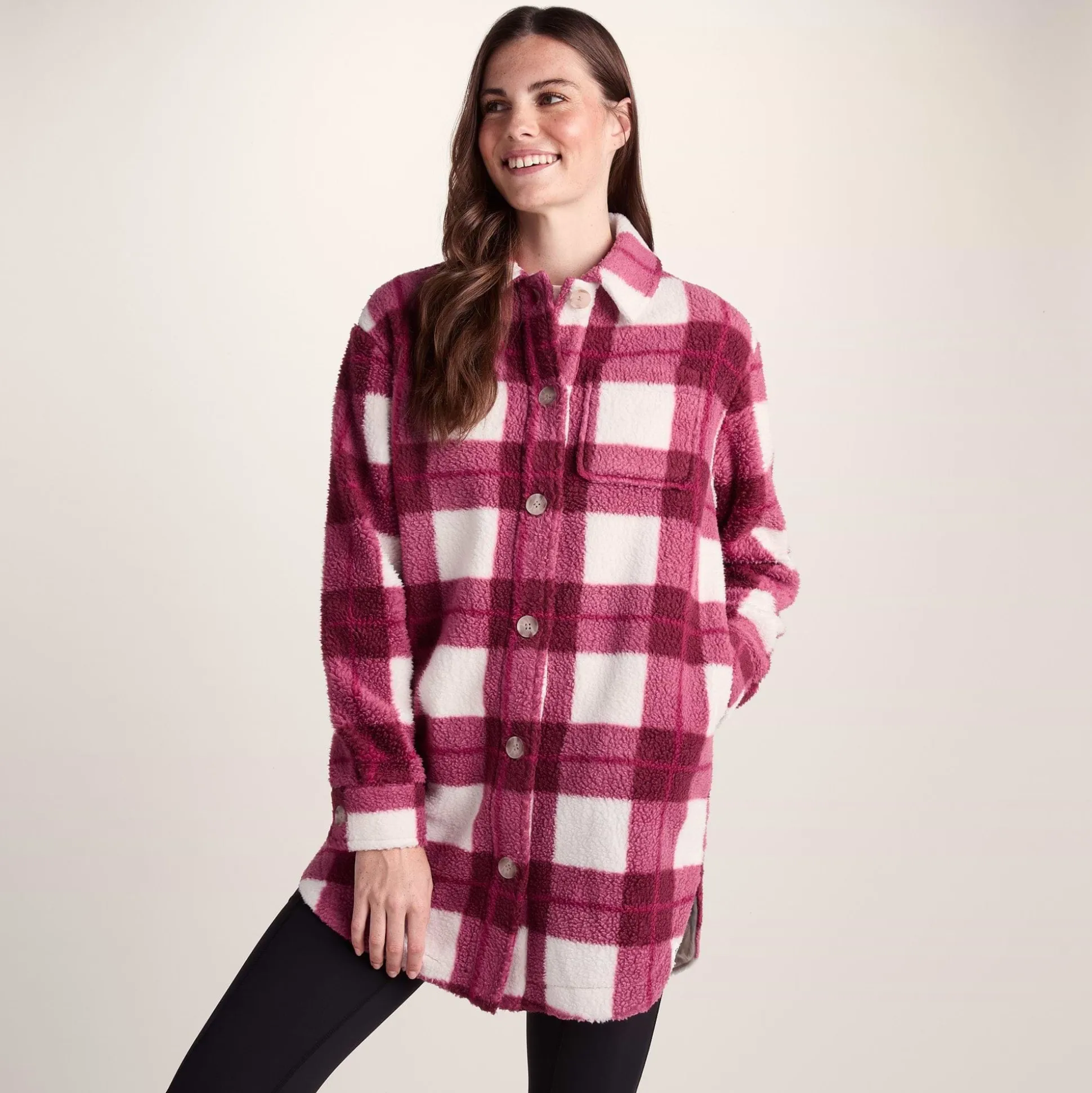 Sally Womens Sherpa Fleece Shacket - Burgundy Check