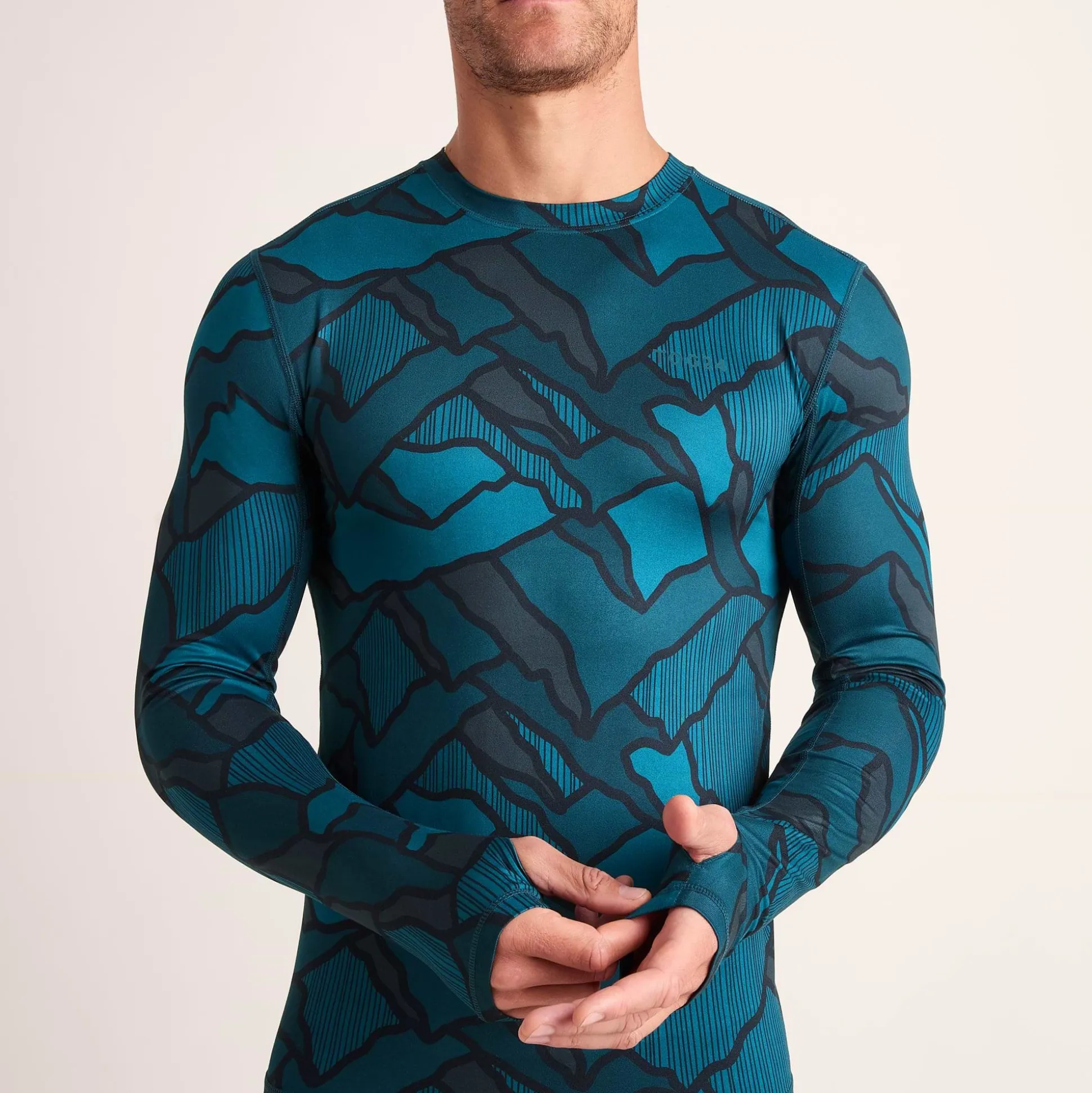 Snowdon Mens Thermal Crew Neck Base Layer - Dark Turquoise Abstract Mountain Print