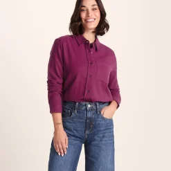 Teiga Womens Long Sleeve Cotton Flannel Shirt - Washed Burgundy